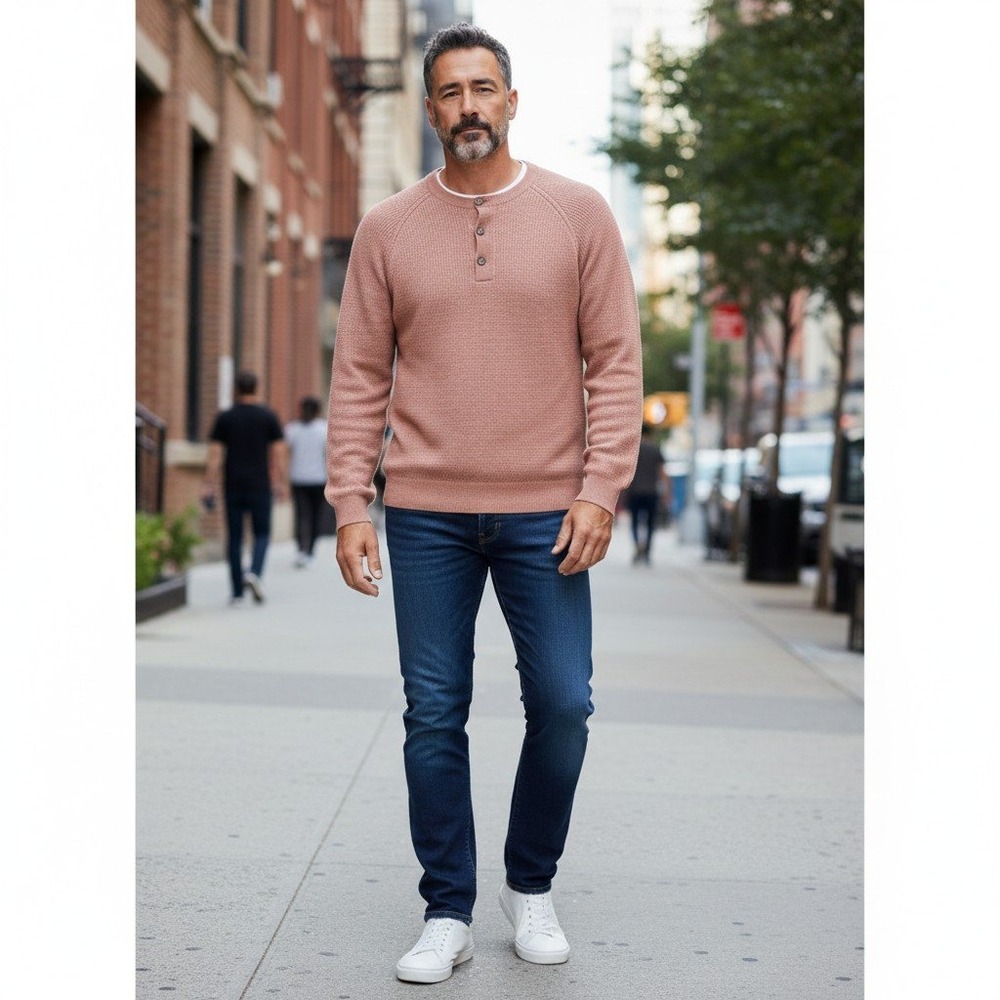 Joseph Abboud Mens XL Merino Wool Blend Henley Sweater Waffle Knit Pink Raglan